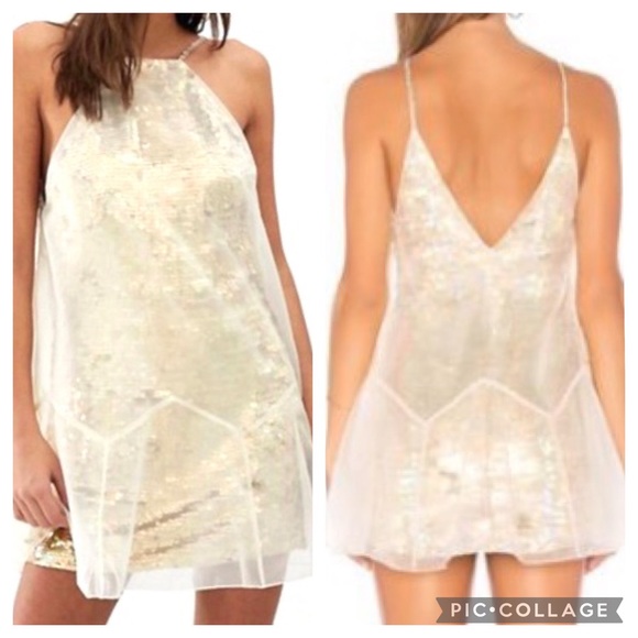 ghost mini dress free people NWT Free People Ghost Gold High Neck Holographic Sequin Dress Size 2 Tea  Combo